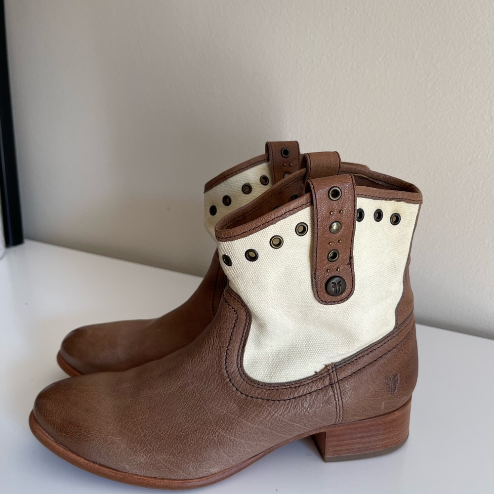 Frye Amelia Ankle Boots Womens 8 Brown Leather Canvas Size 9.5.